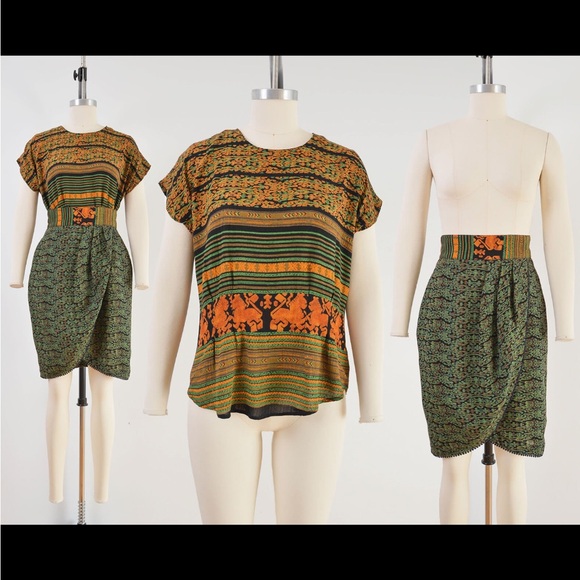 Vintage Dresses & Skirts - VTG black orange green rayon batik tribal top skirt set small medium